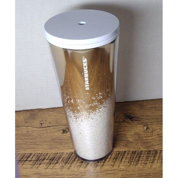 Starbucks Holiday Gold Cascading Snow Glitter Rose Tumbler Venti 24 oz Used READ - Picture 1 of 11